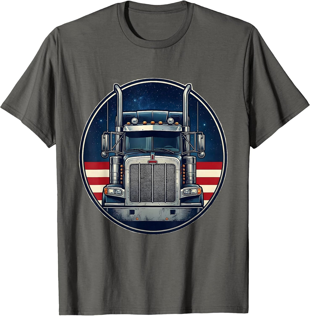 Men's Semi Truck Badge Patriotic American Flag Trucker Gift T-Shirt - Asphalt Grey