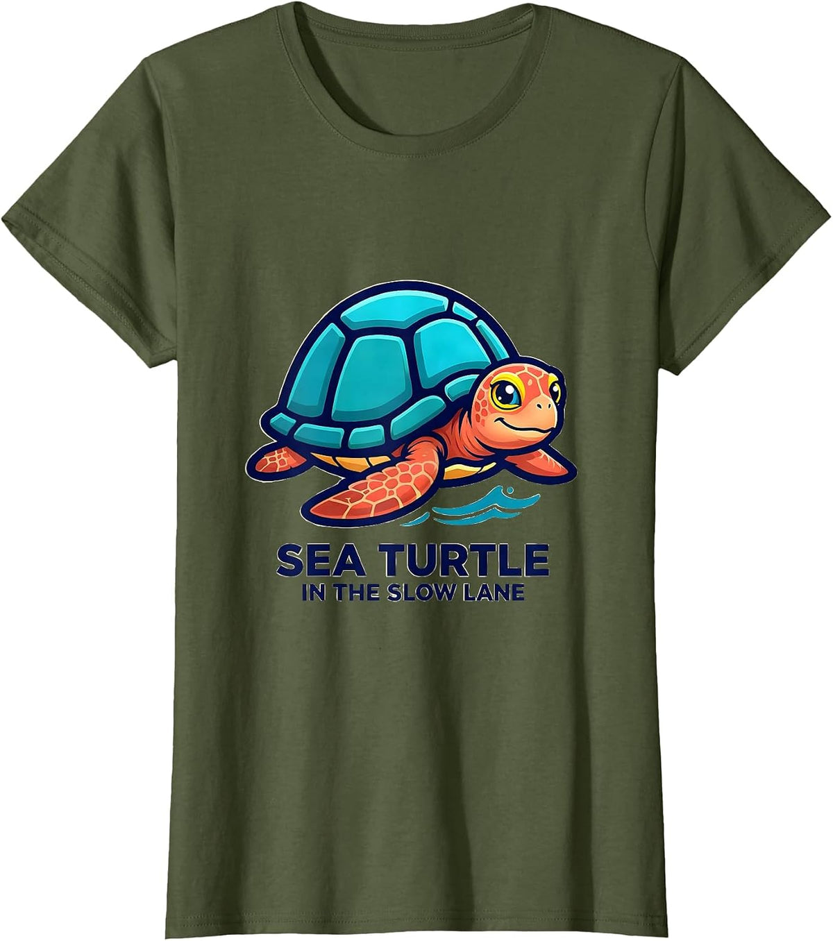 Women's Sea Turtle In The Slow Lane Funny Sea Turtle Mascot Logo T-Shirt - Olive Green
