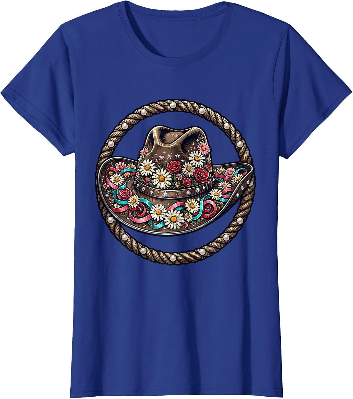 Women's Wildflower Cowgirl Hat Western Graphic T-Shirt - Royal Blue