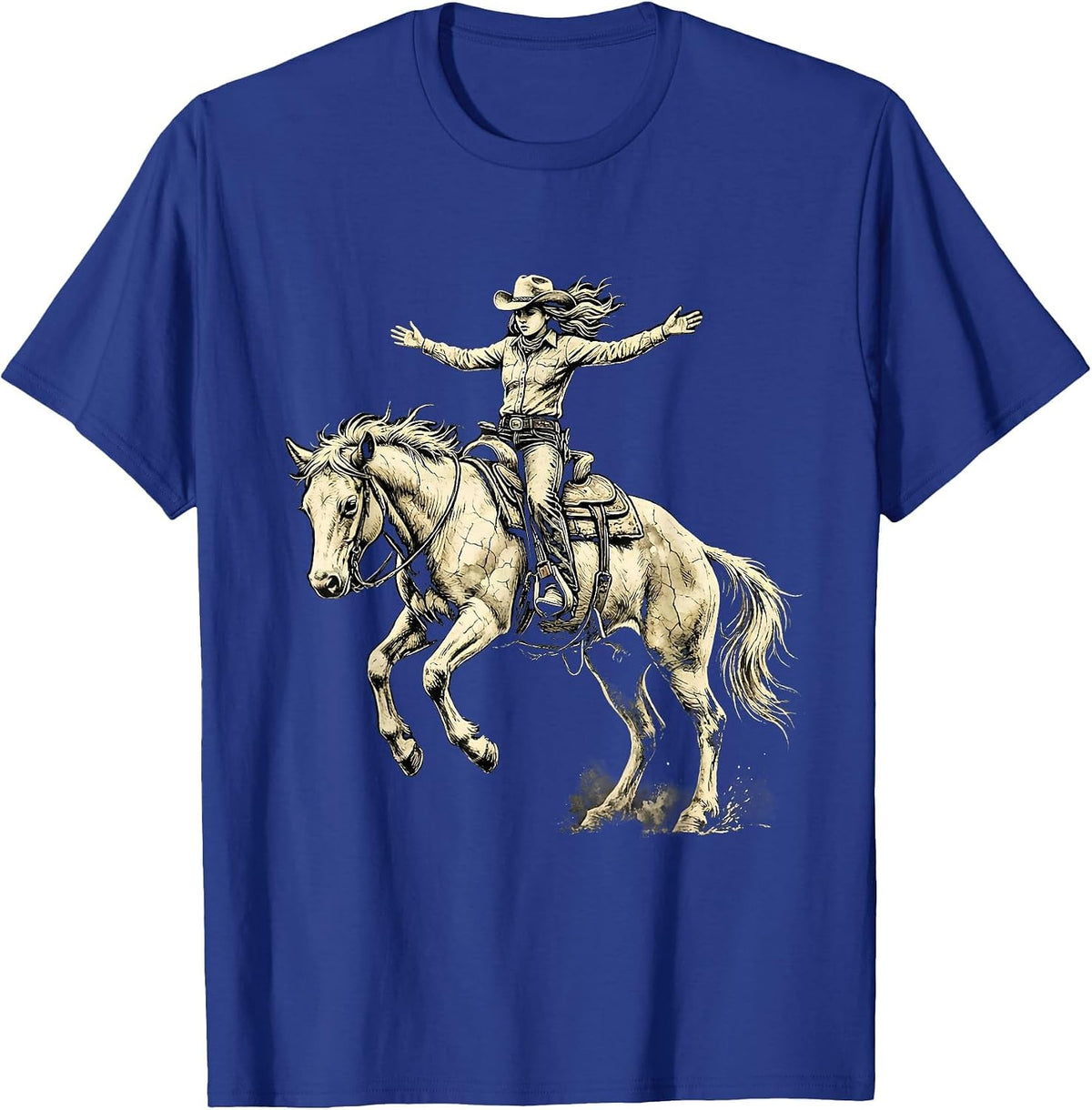 Cowgirl Riding Bucking Bronco Western Rodeo Art T-Shirt - Royal Blue