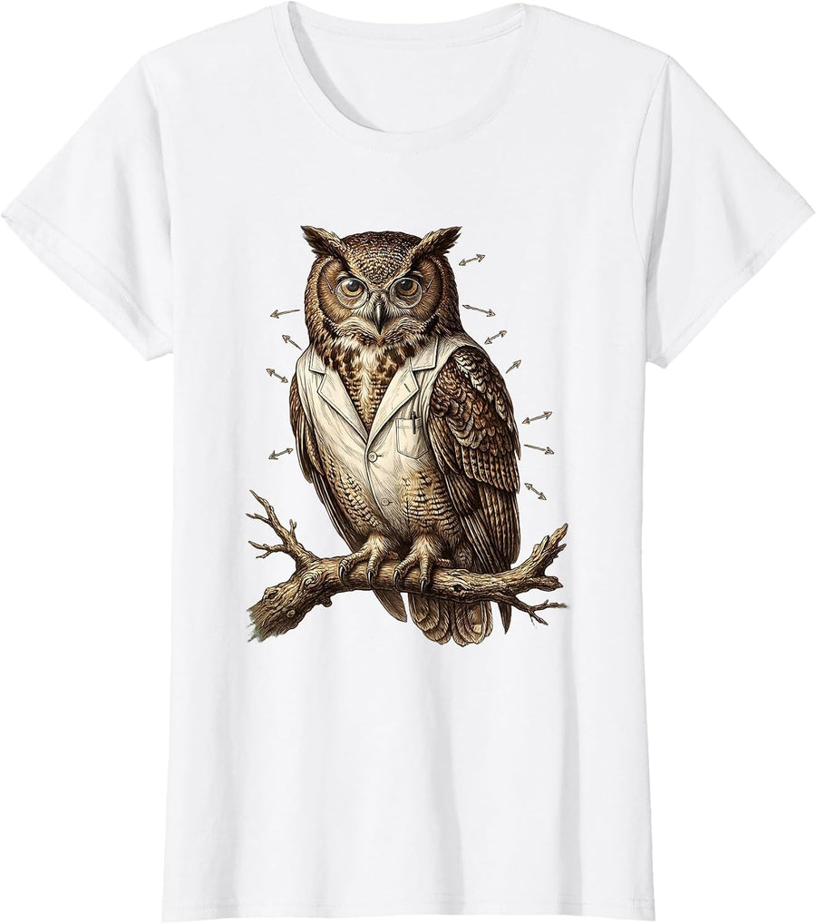 Women's Owl Science Teacher Lab Coat Glasses Design T-Shirt - White