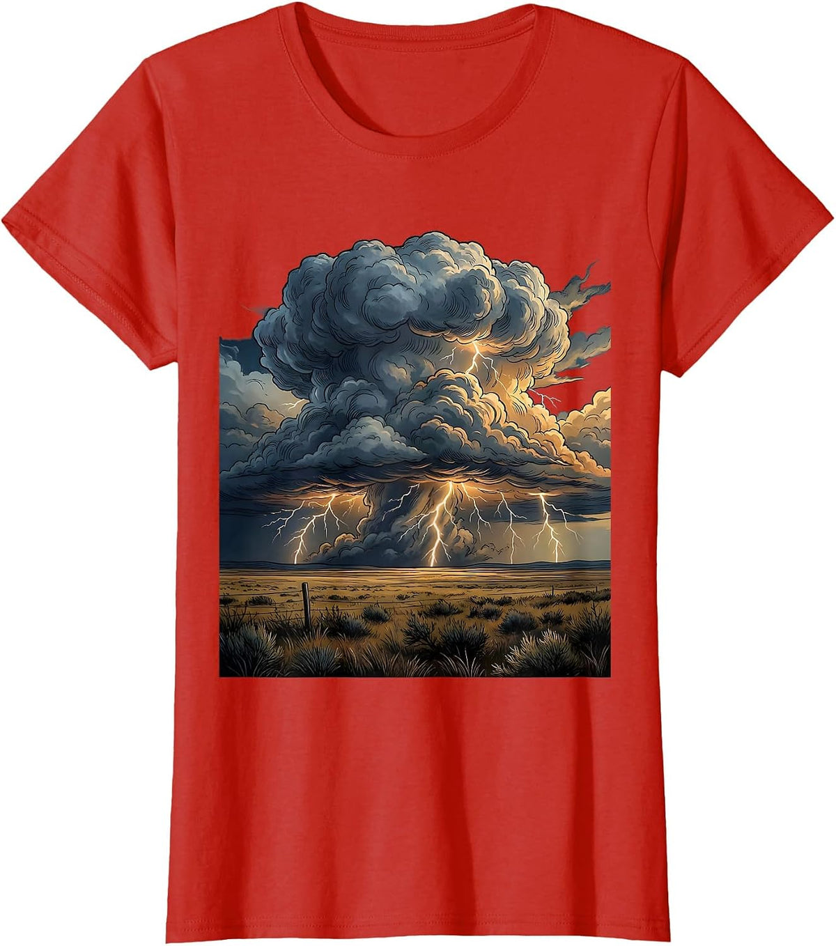 Lightning Storm Over Open Flatlands Graphic T-Shirt - Red