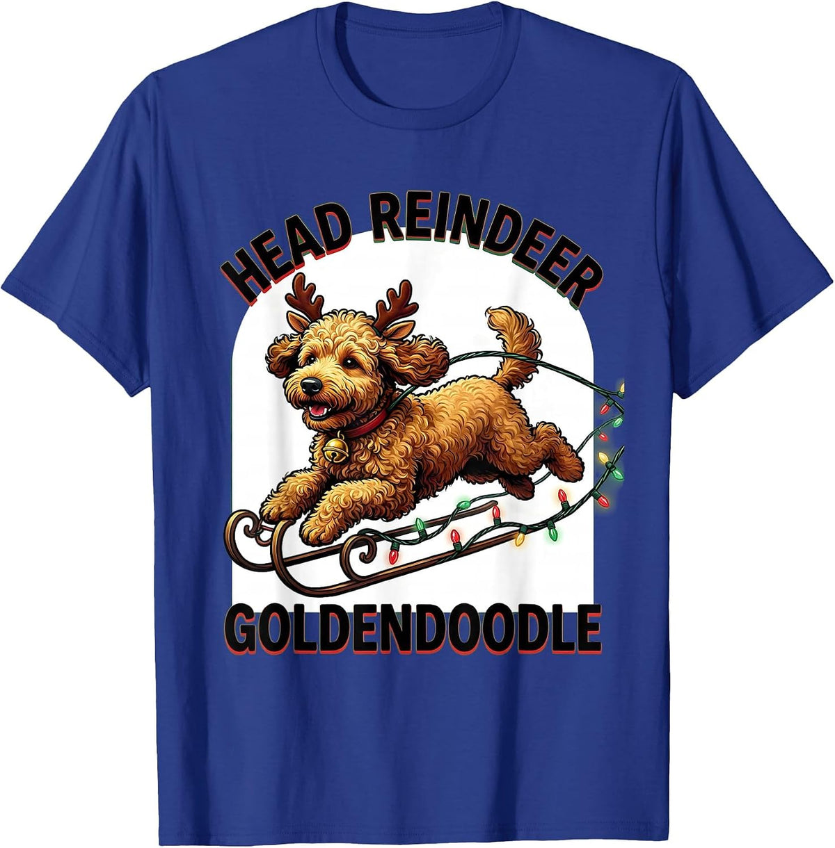 Head Reindeer Goldendoodle Funny Dog Breed Christmas Lights T-Shirt - Royal Blue