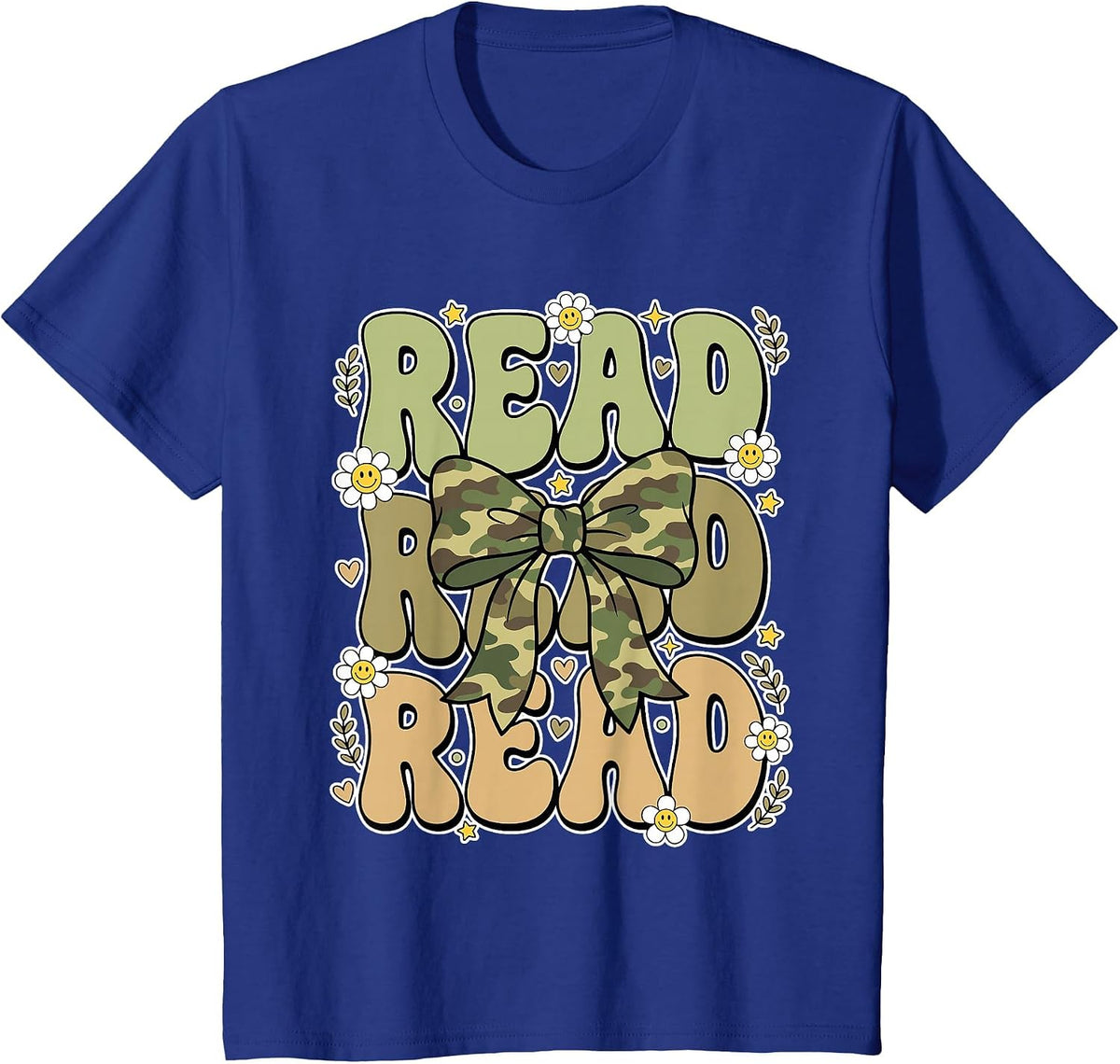Read Camo Bow Groovy Teacher Librarian Book Lover T-Shirt - Royal Blue