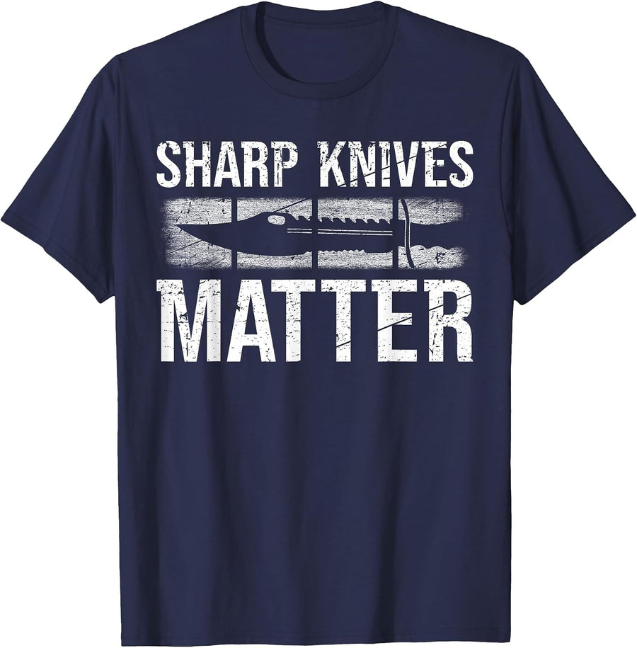Sharp Knives Matter Outdoor Bushcraft T-Shirt - Navy Blue
