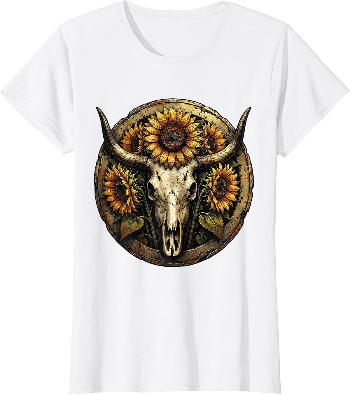 Women's Sunflower Cow Skull Western Boho Graphic T-Shirt - White