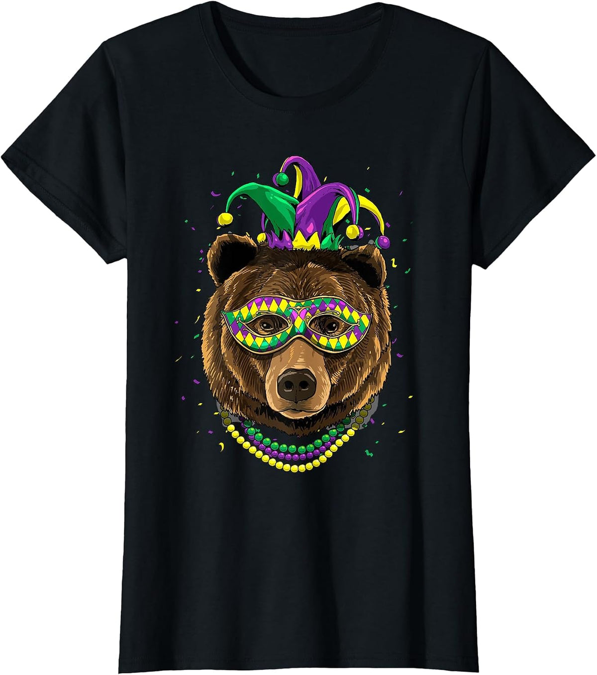Bear Animal Lover Cute Mardi Gras Carnival Jester T-Shirt, Women, Black, X-Small - As Pictured