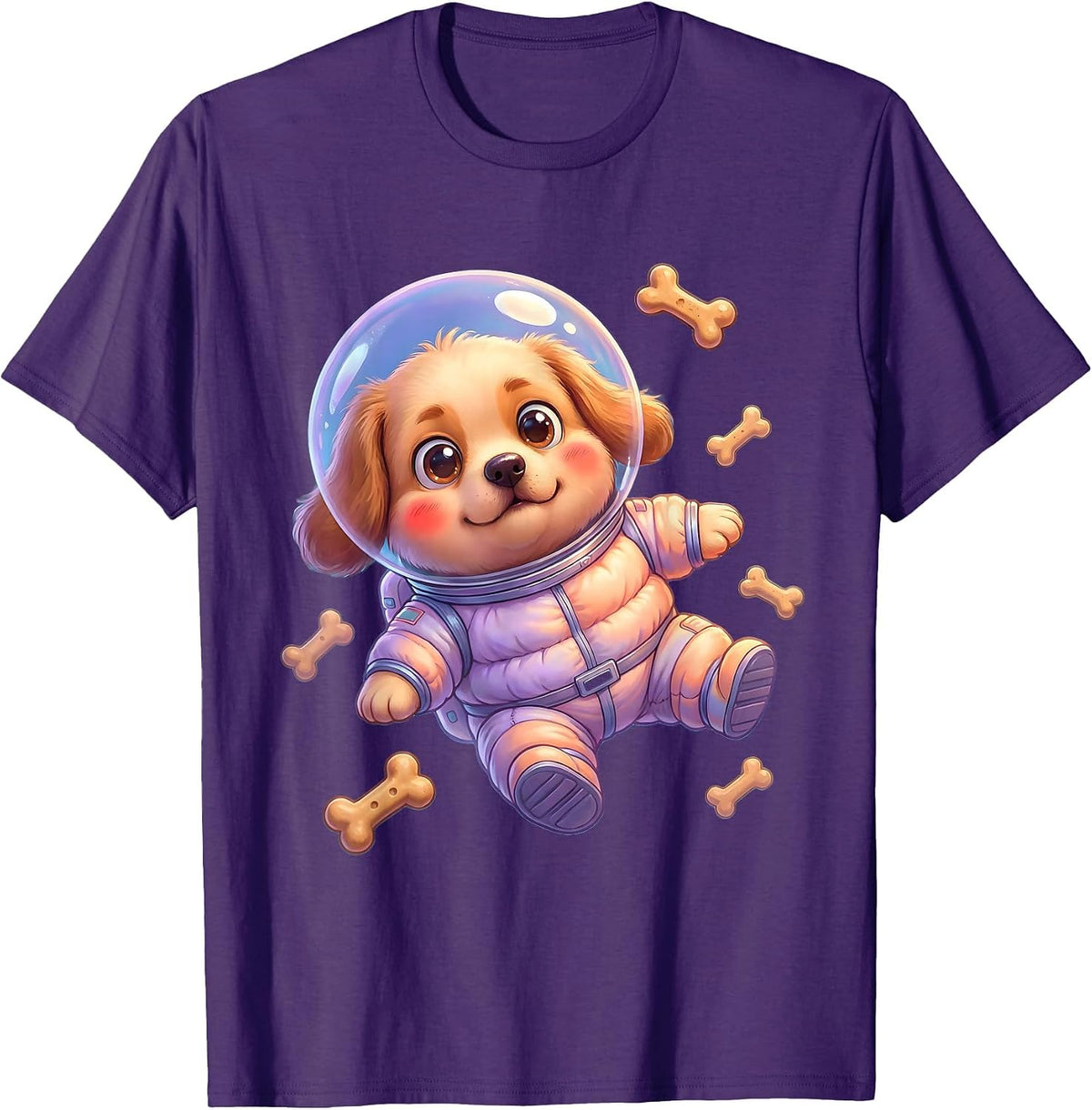 Crazy Dog Astronaut Floating in Space with Bones T-Shirt - Purple
