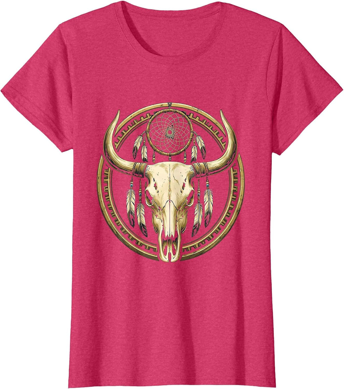 Women's Cow Skull Dreamcatcher Boho Western Graphic T-Shirt - Red Heather