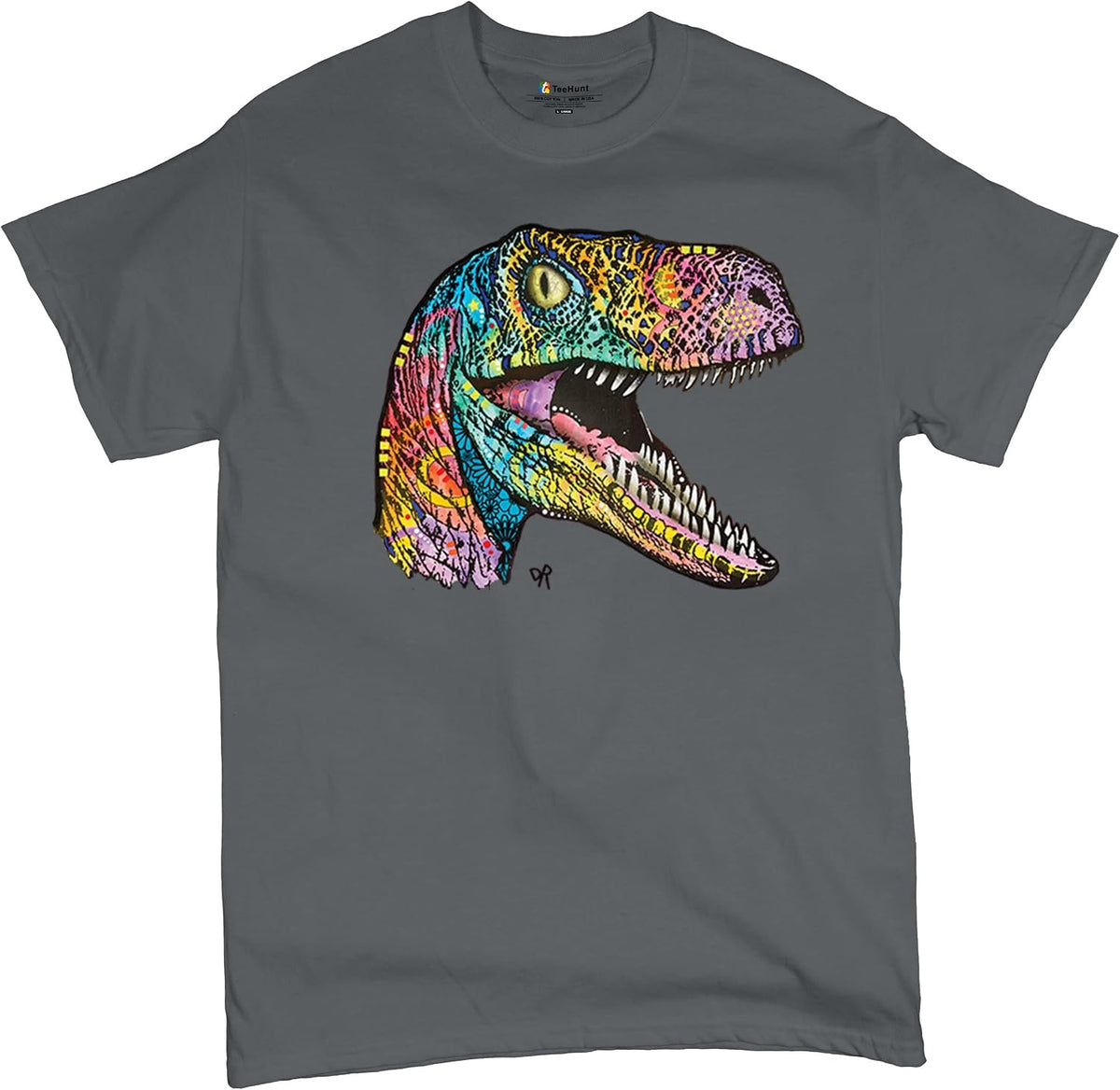 Colorful Raptor T-Shirt Dean Russo Neon Dinosaur Pattern Men's Tee - Charcoal