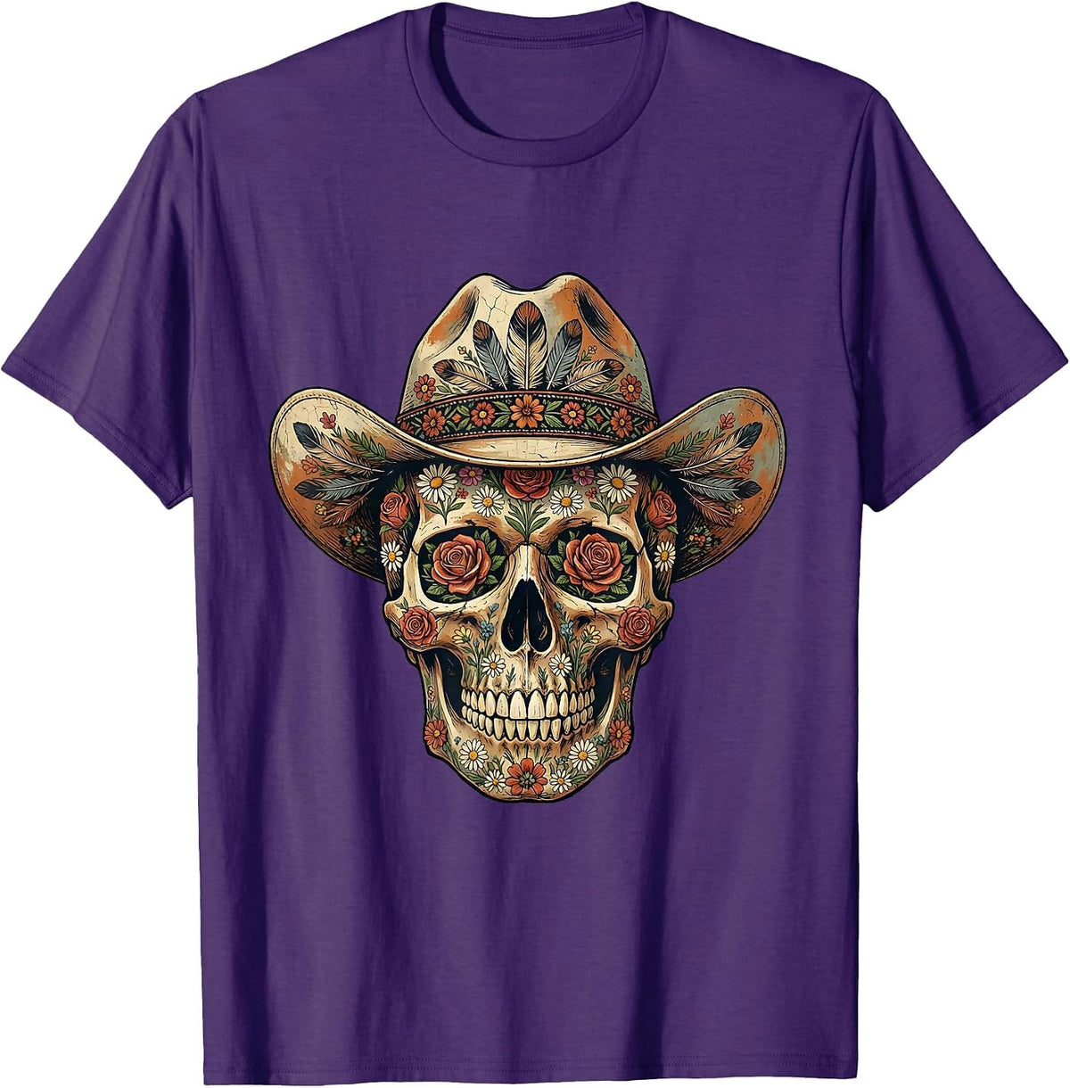 Floral Skull Wide Brim Hat Western Graphic Design T-Shirt - Purple