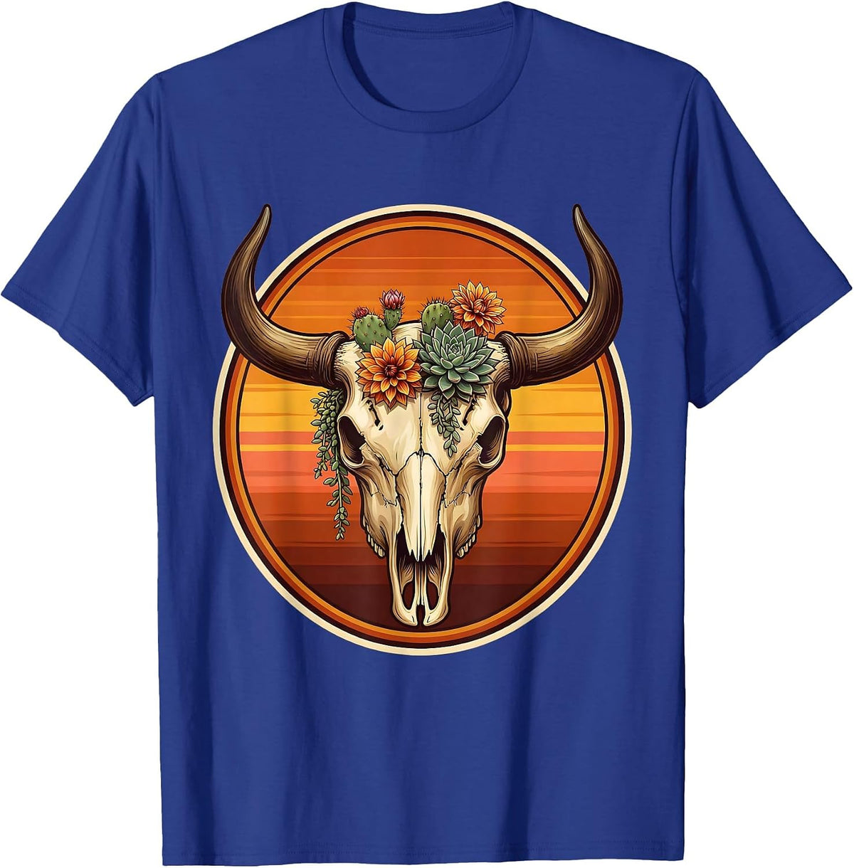 Bull Skull Desert Flowers Western Boho Art T-Shirt - Royal Blue