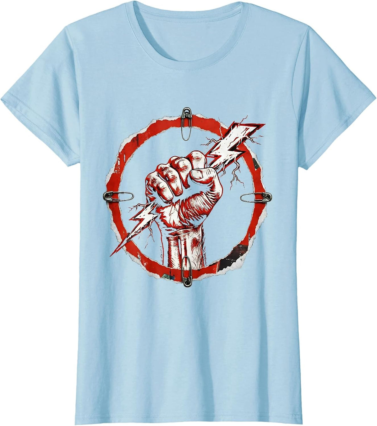 Women's Rock Band Raised Fist Lightning Bolt Graphic T-Shirt - Baby Blue