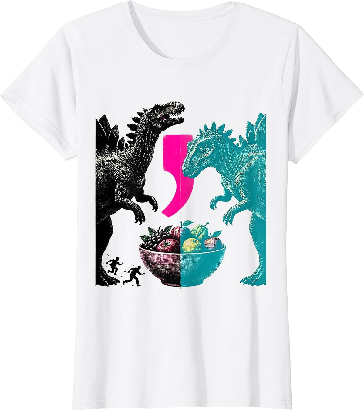 Women's Mirrored Stegosaurus Risograph Grammar Teacher Punctuation T-Shirt - White