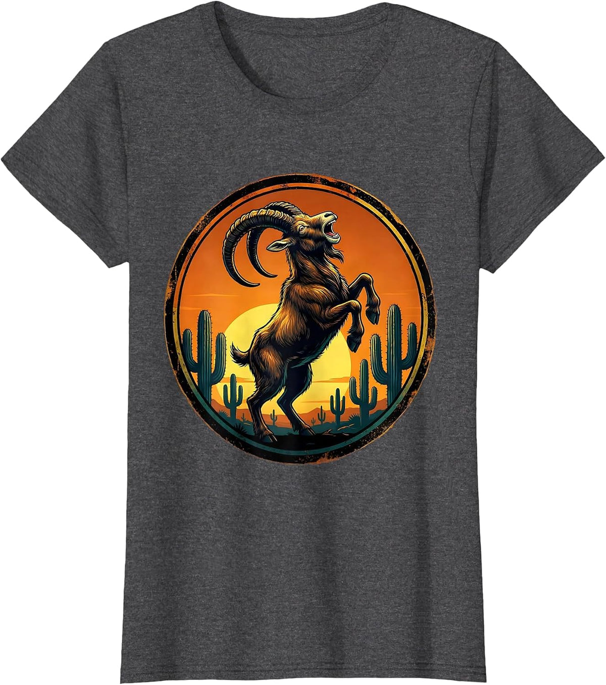 Women's Wild Goat Howling at Desert Sunset Sky T-Shirt - Dark Heather Grey