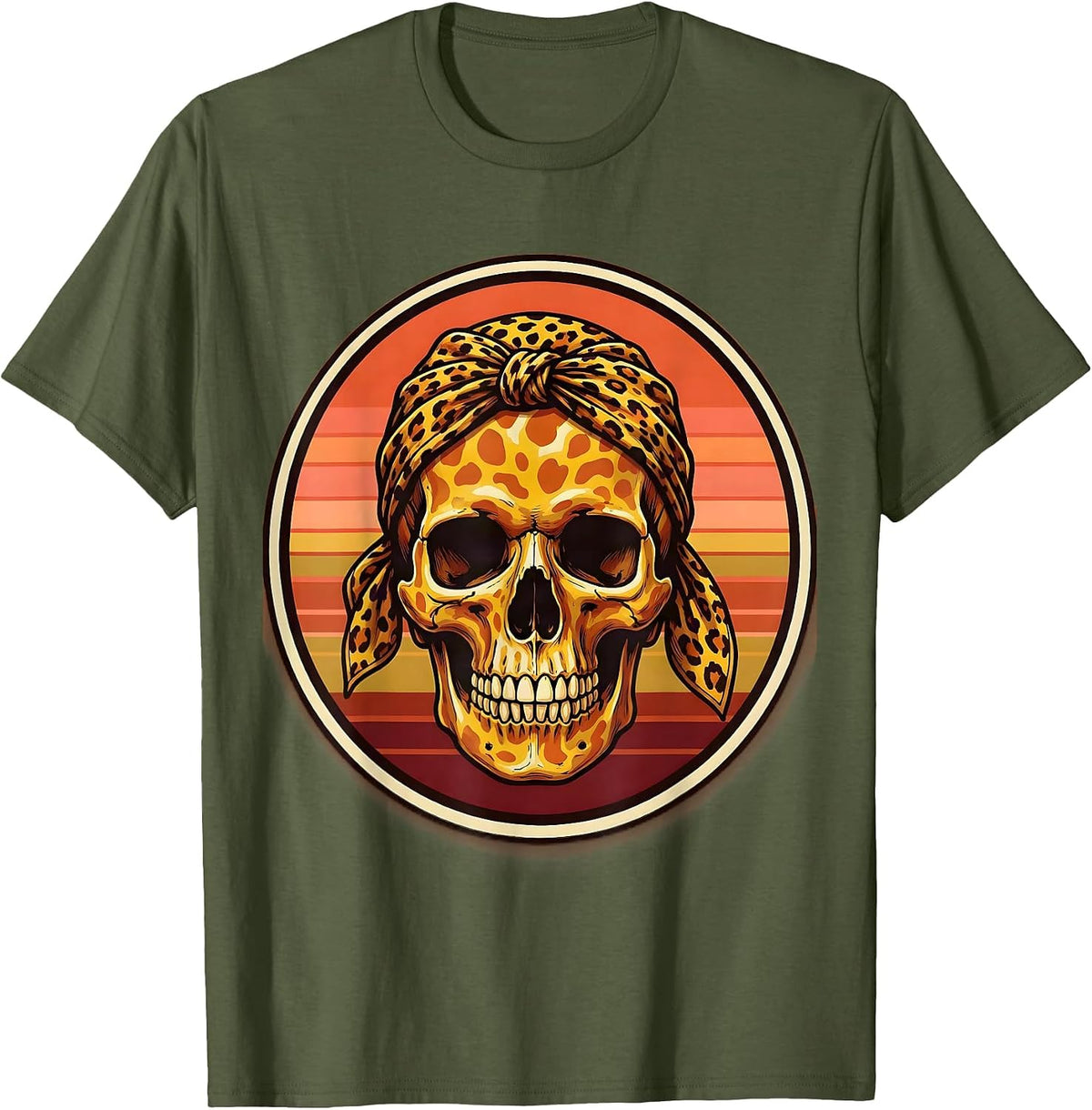 Men's Cheetah Print Bandana Skull Graphic T-Shirt - Olive Green
