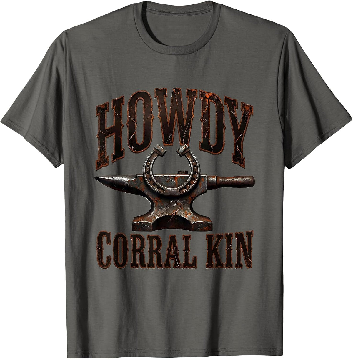 Howdy, Corral Kin Distressed Western Cowboy Cowgirl Rodeo T-Shirt - Asphalt Grey