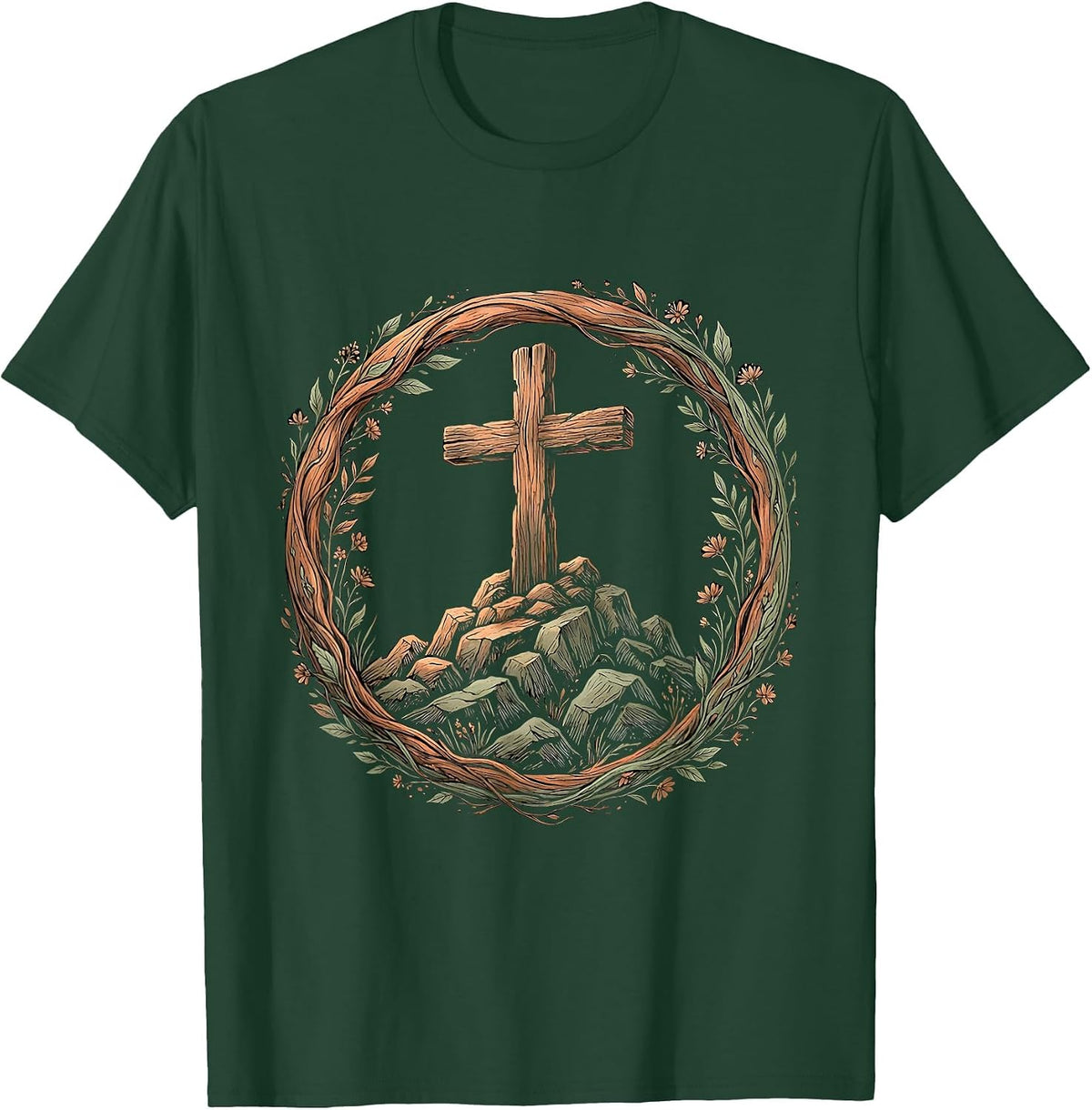 Wooden Cross on Rocky Hilltop Christian Design T-Shirt - Dark Green
