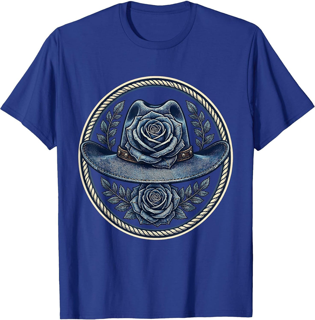 Denim Cowgirl Hat With Roses Graphic T-Shirt - Royal Blue