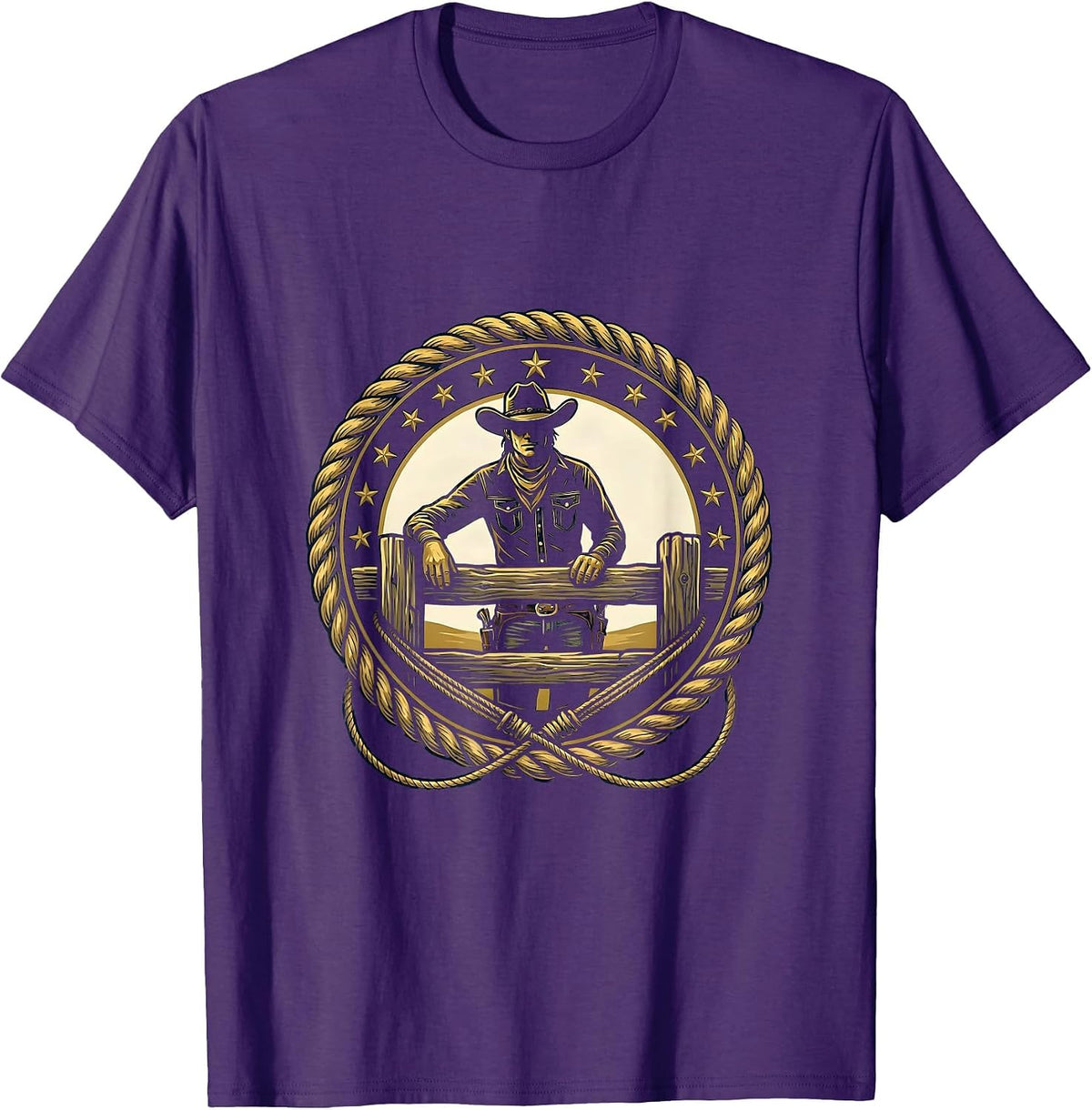Cowgirl Leaning on Rodeo Fence Graphic Design T-Shirt - Purple