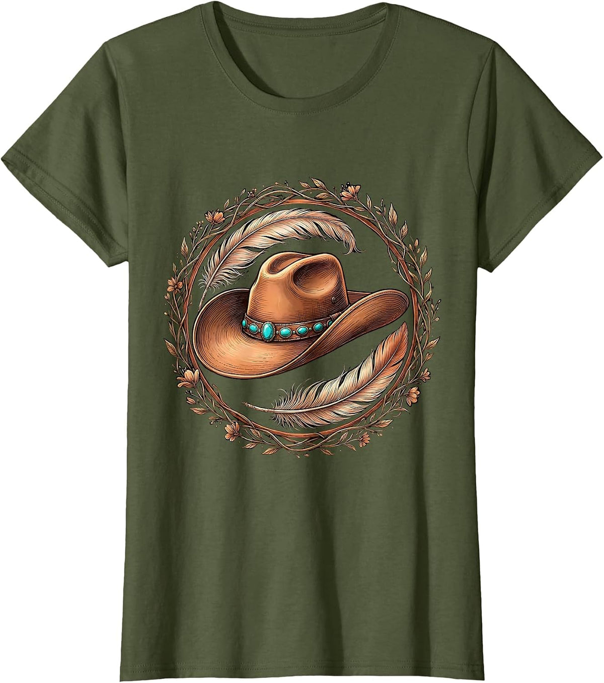 Women's Cowgirl Hat Feathers and Turquoise Gems Western T-Shirt - Olive Green