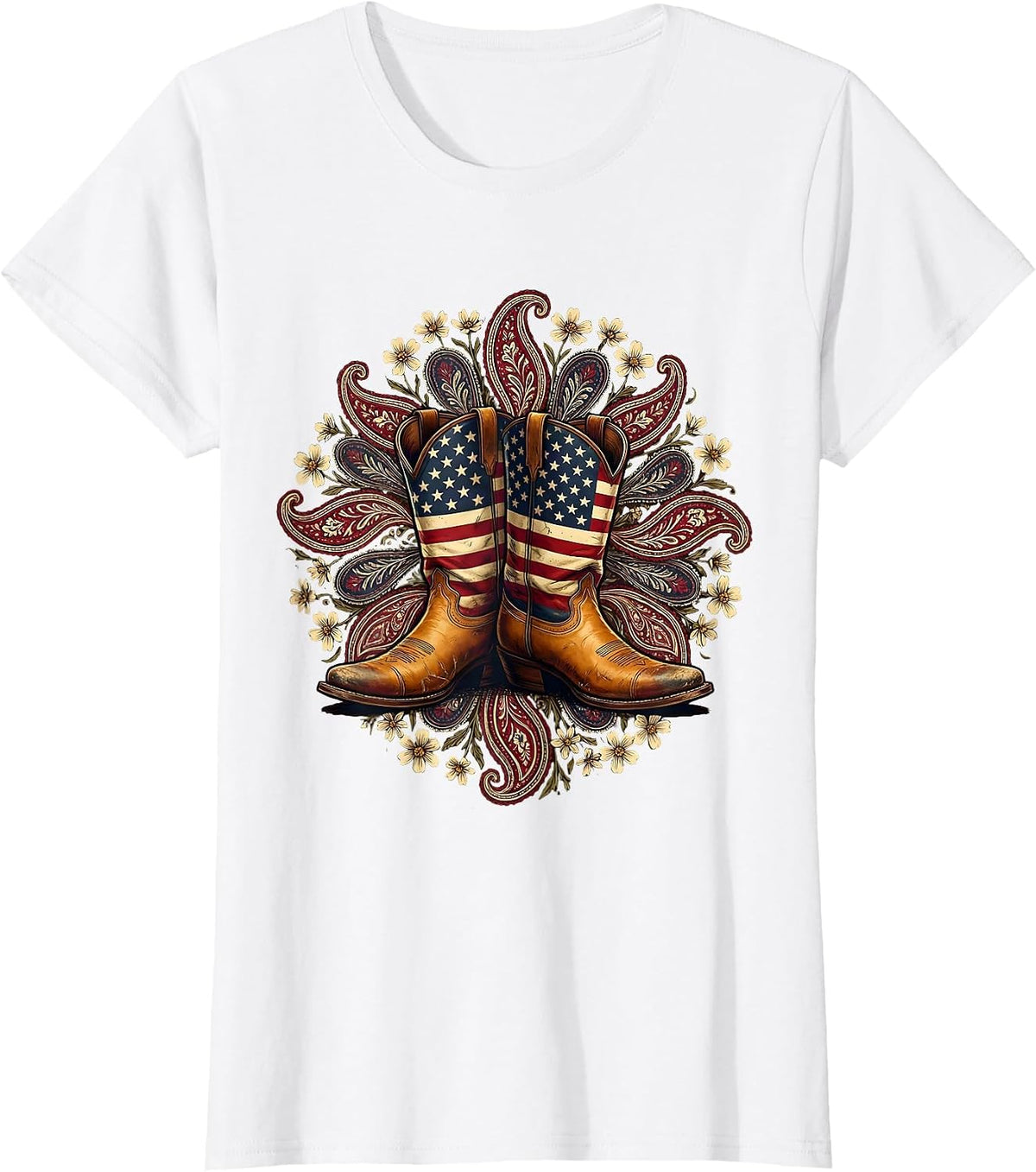 Women's Cowgirl Boots Floral Paisley Western Design T-Shirt - White
