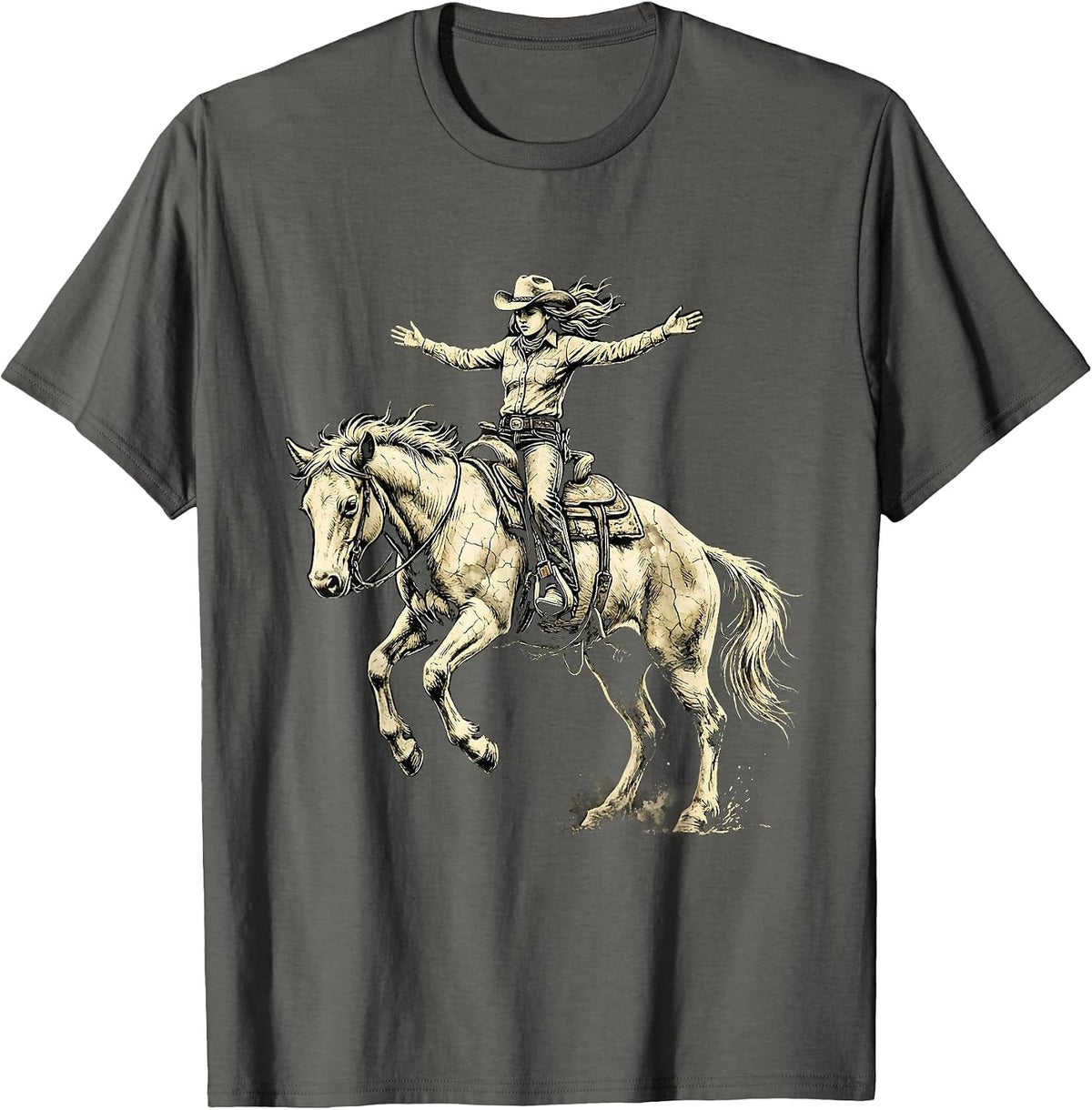 Cowgirl Riding Bucking Bronco Western Rodeo Art T-Shirt - Asphalt Grey