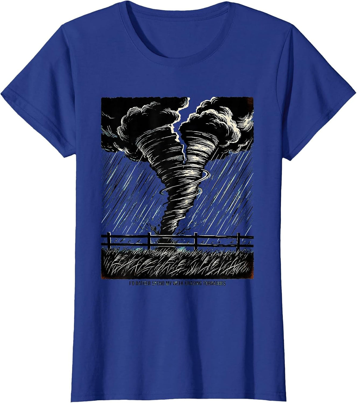 Women's I'd Rather Spend My Week Chasing Tornadoes Linocut T-Shirt - Royal Blue