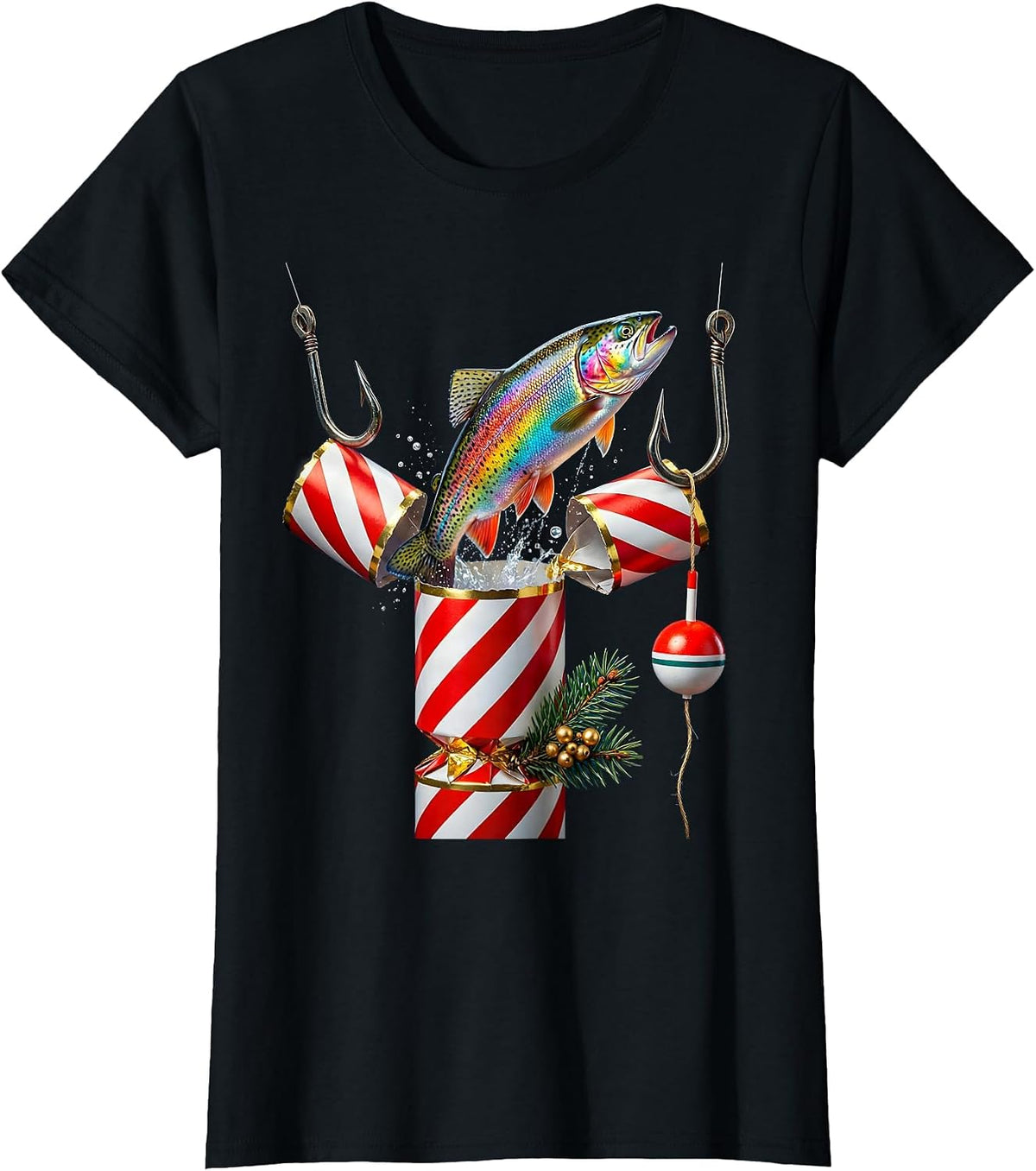 Women's Rainbow Trout Cracker Christmas Fishing Humor Gift T-Shirt - Black