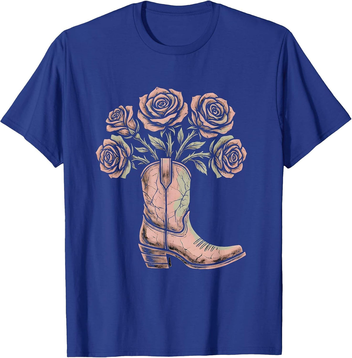 Western Boots with Roses Floral Illustration T-Shirt - Royal Blue