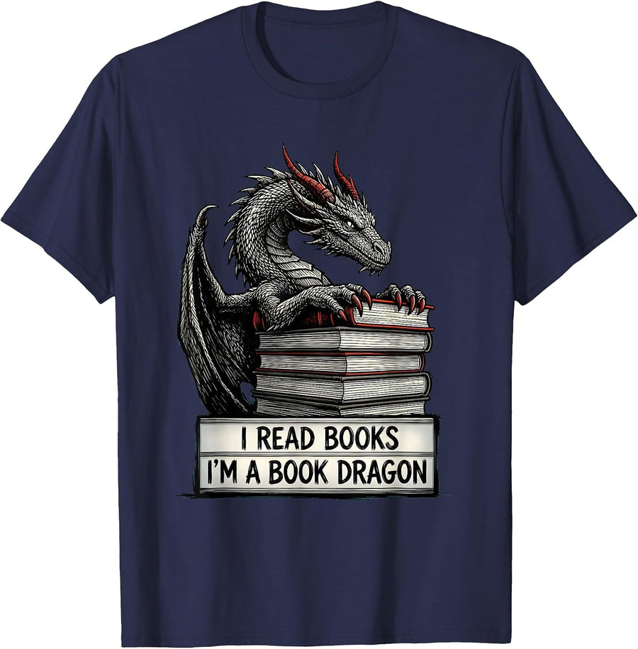 I Read Books I'm A Book Dragon Funny Bookworm Fantasy Reader T-Shirt - Navy Blue