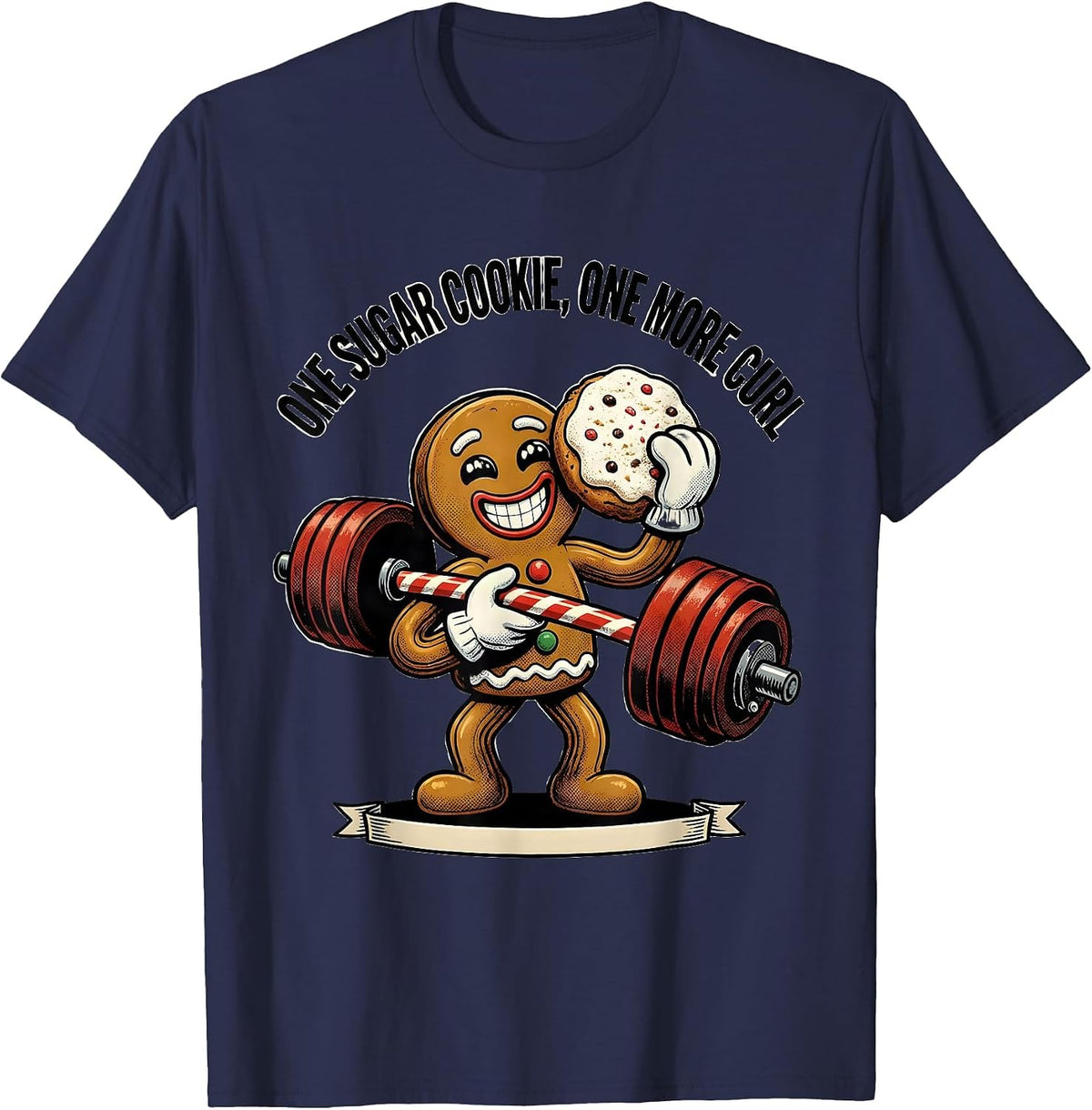Men's One Sugar Cookie, One More Curl Retro Cartoon Funny Gym T-Shirt - Navy Blue