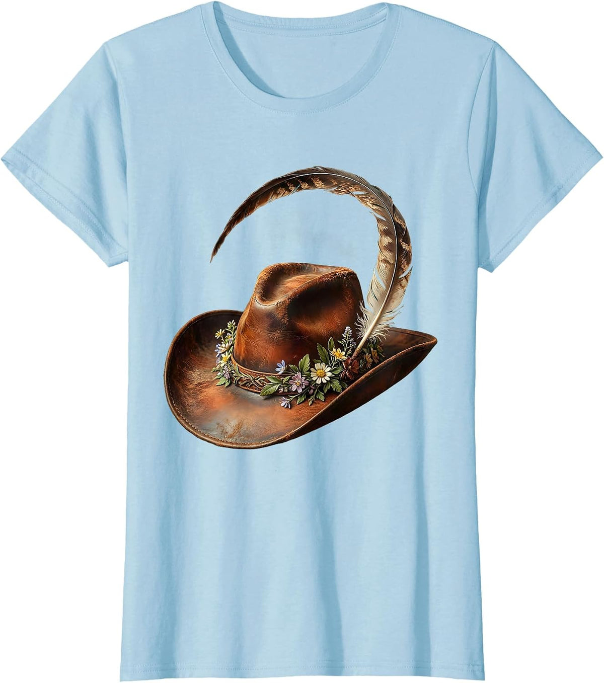 Cowgirl Hat Floral Feather Rodeo Illustration T-Shirt - Baby Blue