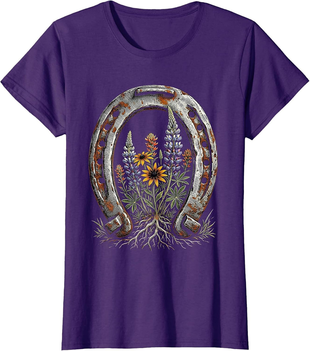 Women's Wildflower Horseshoe Western Boho Graphic T-Shirt - Purple
