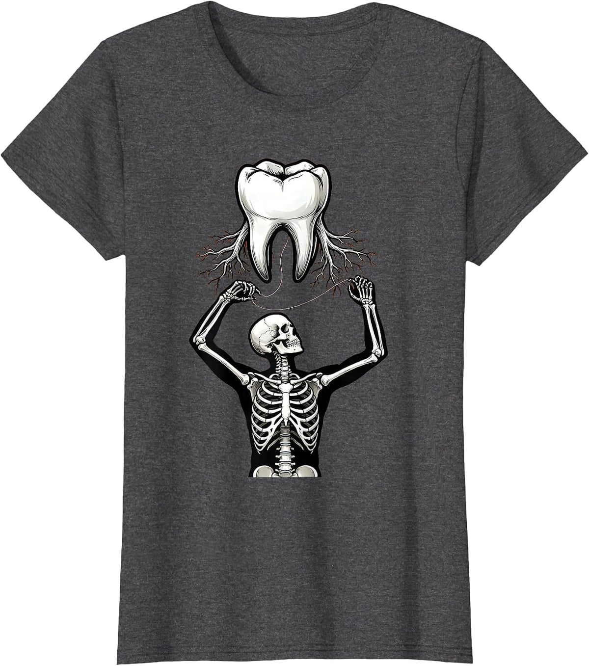 Women's Halloween Skeleton Flossing Molar Dental Halloween T-Shirt - Dark Heather Grey