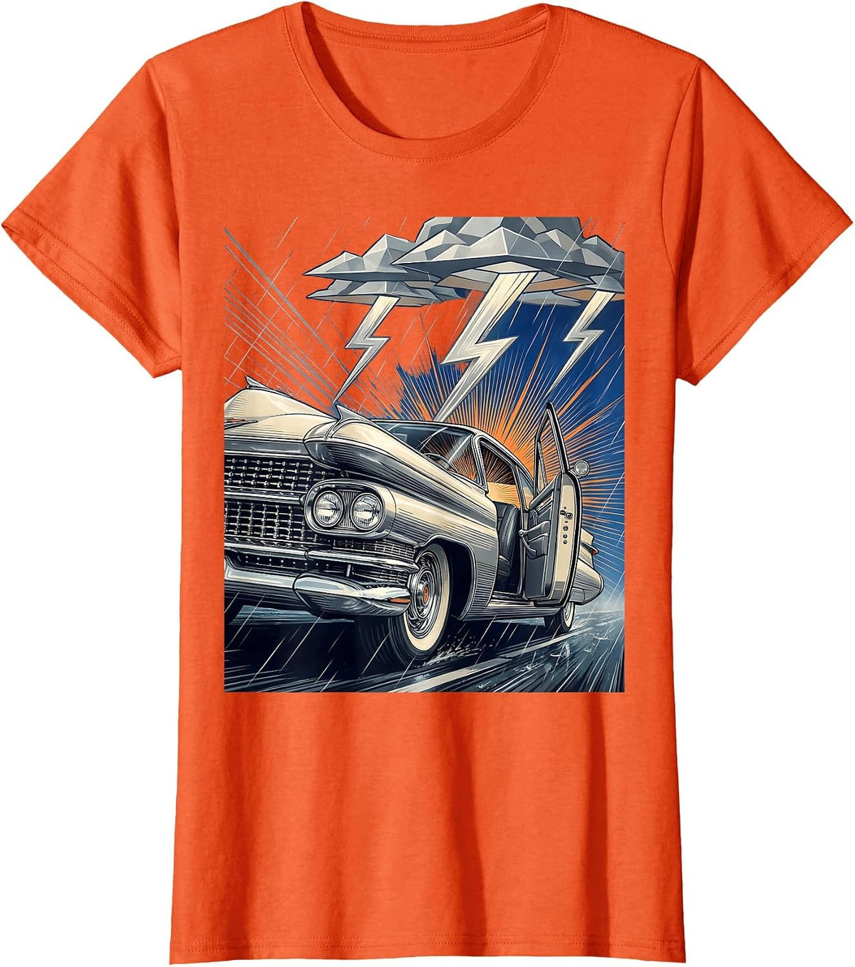 Car Door Open in Thunderstorm Graphic Tee T-Shirt - Orange