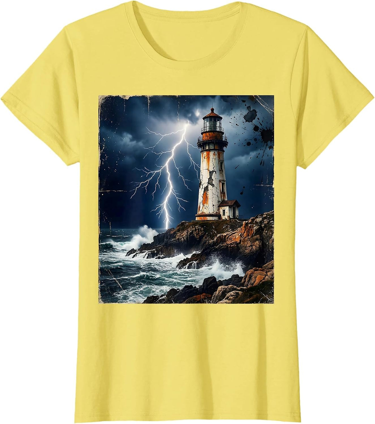 Women's Gulf of America Lighthouse Lightning Storm Art T-Shirt - Lemon Yellow