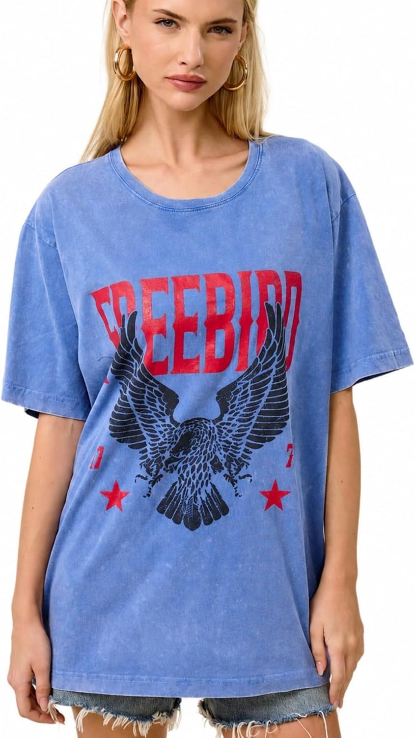 Womens Oversized Graphic Tee Vintage Mineral Washed Loose Fit Boho Western Rock T Shirt - Blue