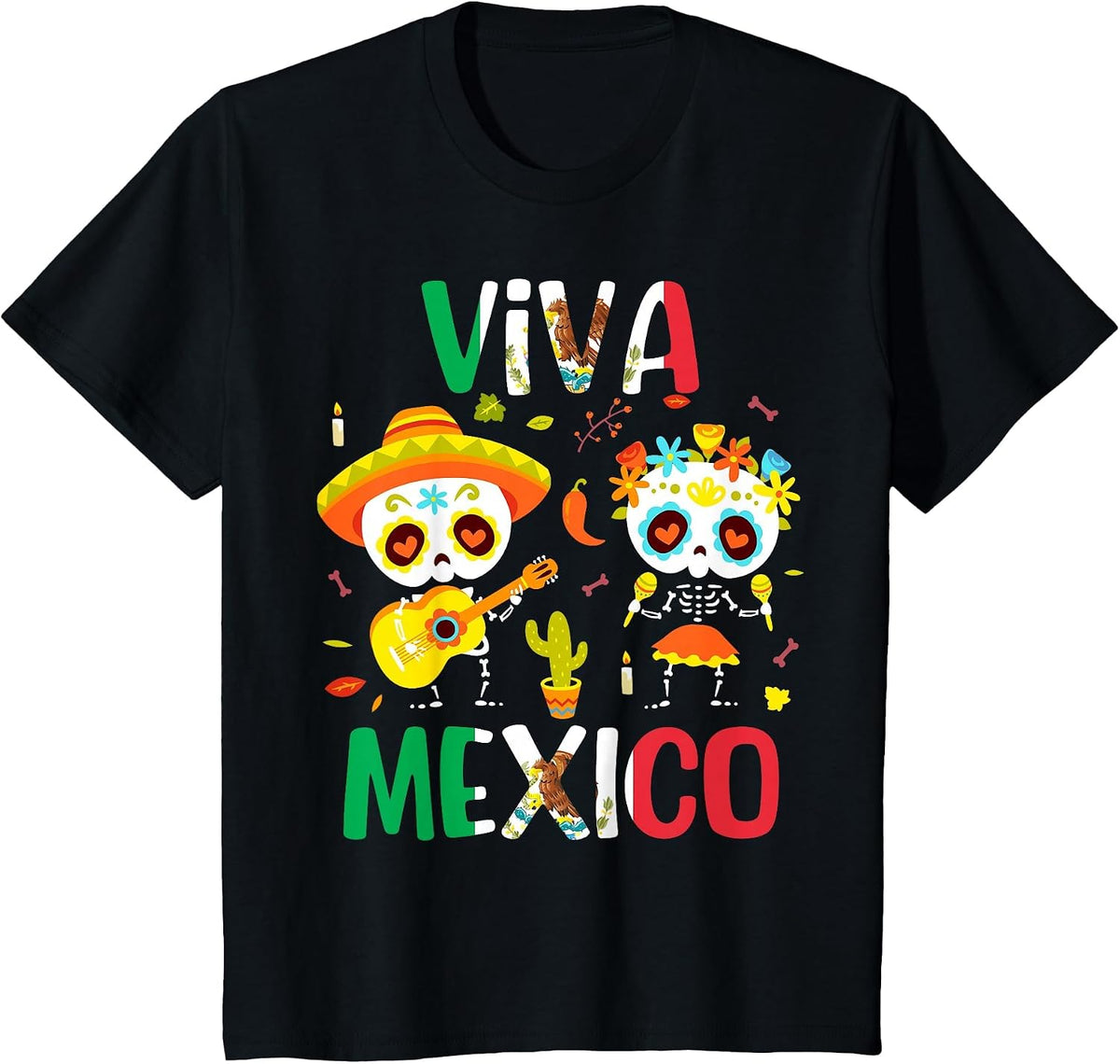 Viva Mexico Shirt Women Boys Girls Kids Mexican Flag Fiesta T-Shirt - Black