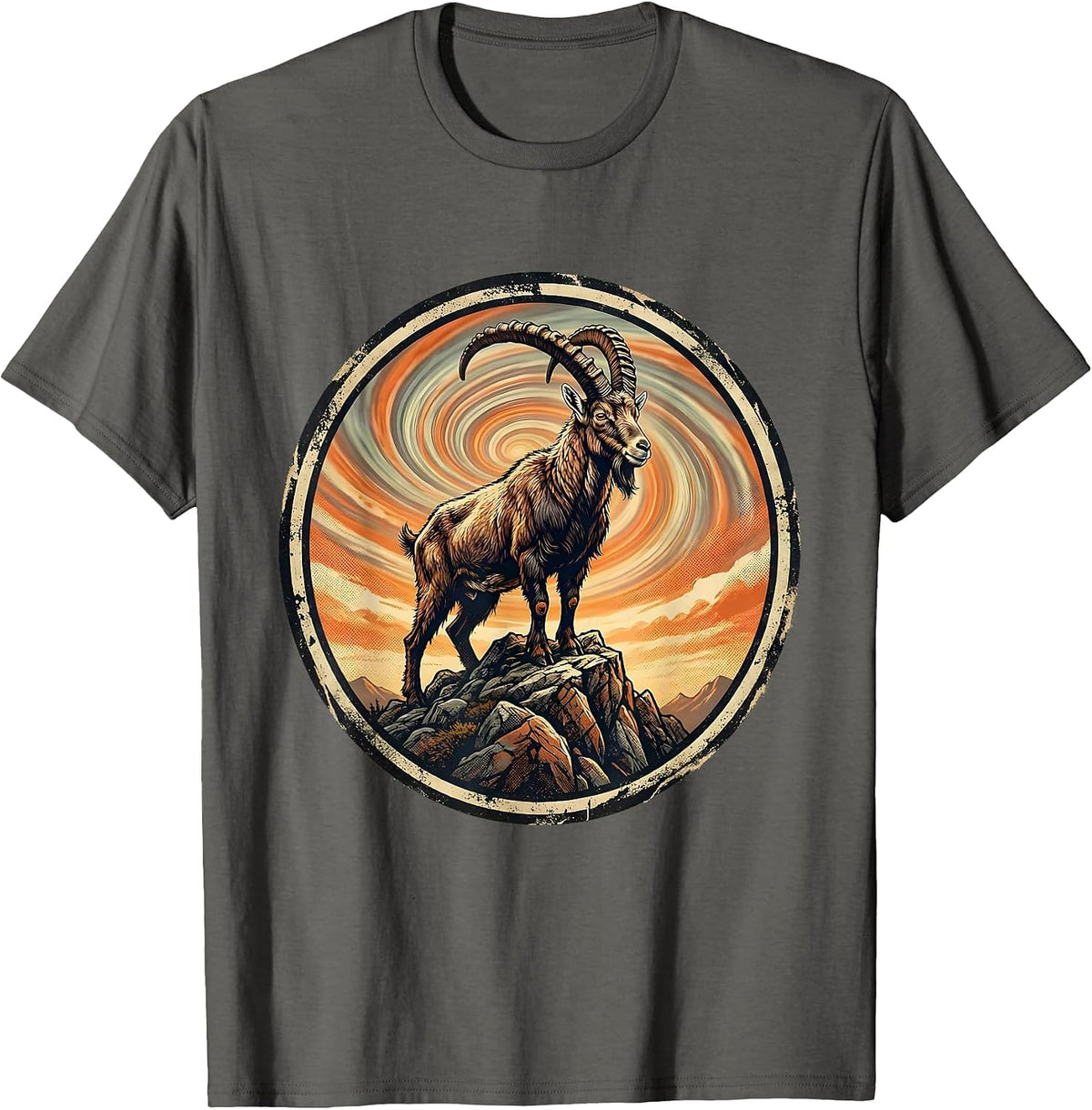 Mountain Goat Peak Tie Dye Sky Illustration T-Shirt - Asphalt Grey