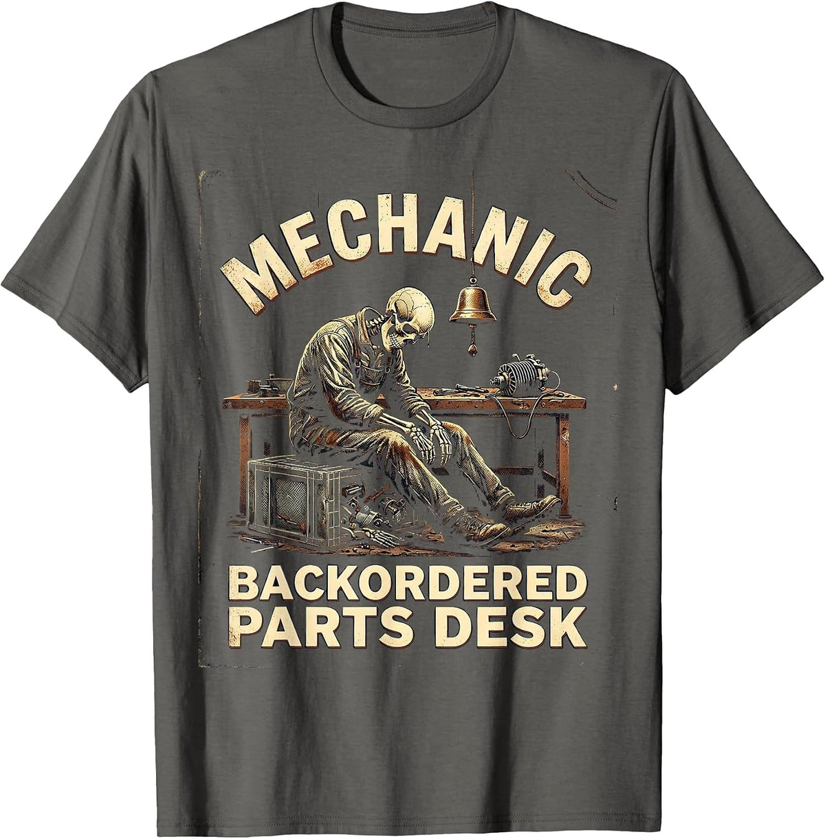 Men's Mechanic Backordered Parts Desk Vintage Auto Repair Skeleton T-Shirt - Asphalt Grey