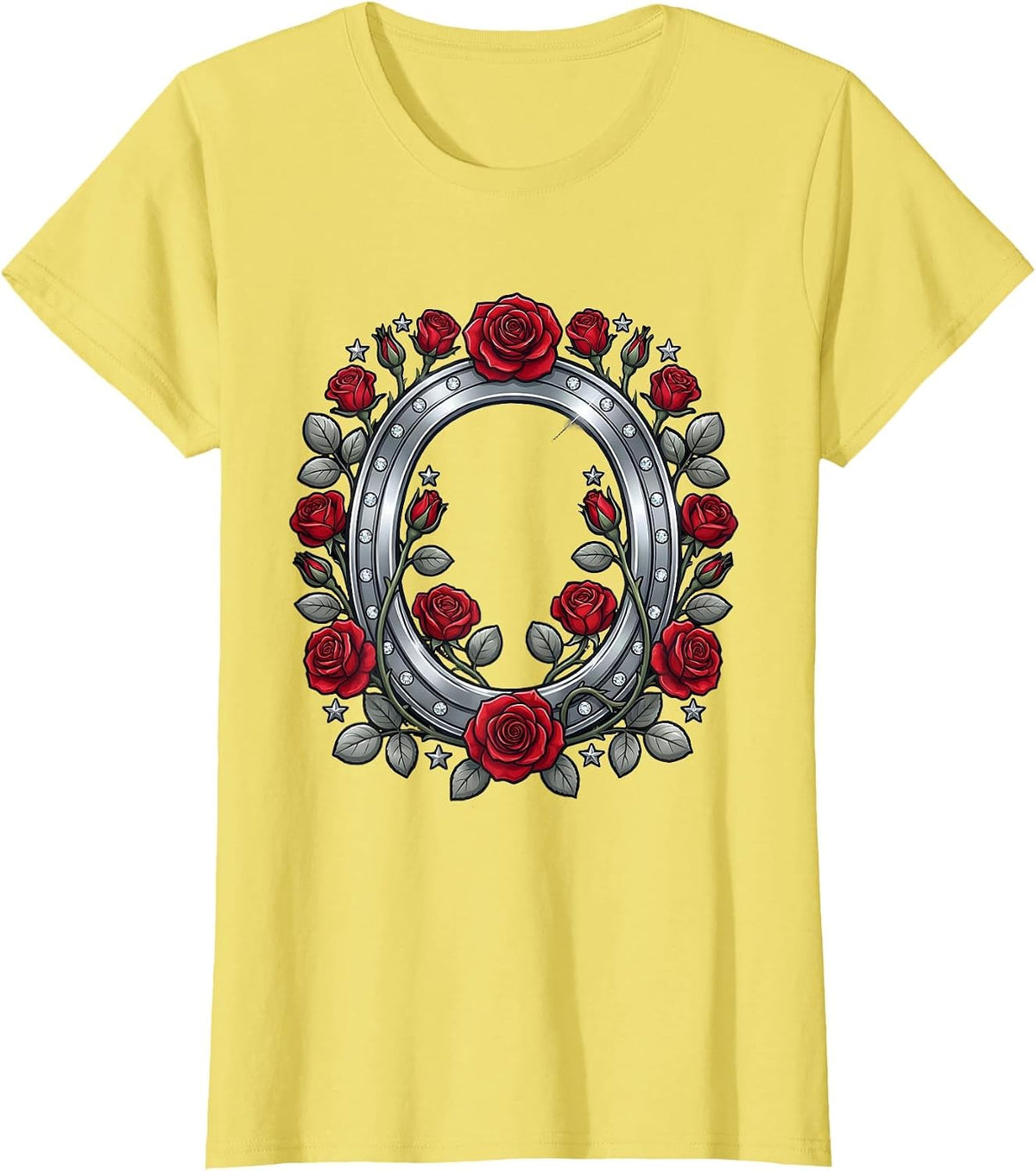 Horseshoe Wild Roses Western Graphic Tee T-Shirt - Lemon Yellow