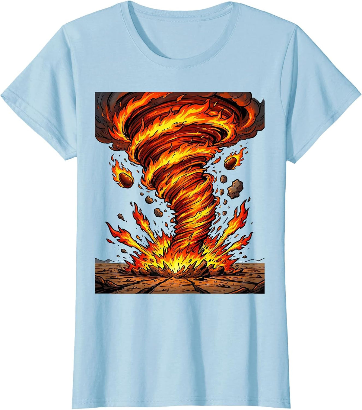 Women's Fire Tornado Swirling Across Open Landscape T-Shirt - Baby Blue