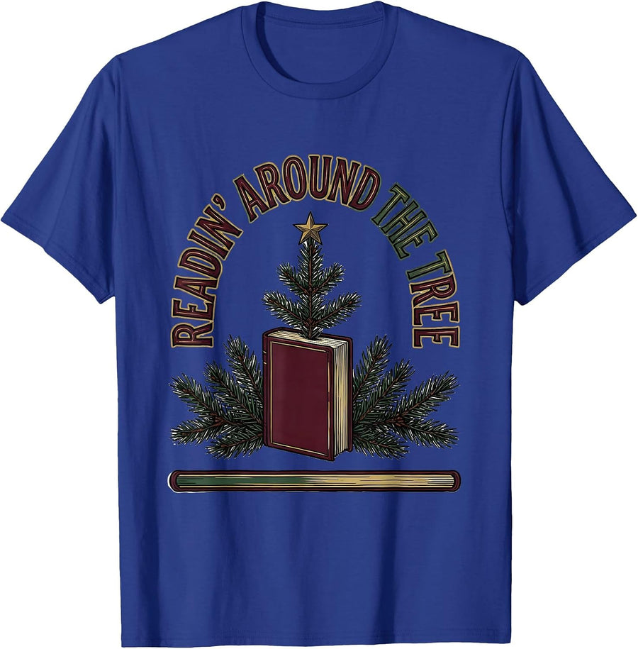 Readin Around The Tree Funny Bookworm Christmas Book Lover T-Shirt - Royal Blue