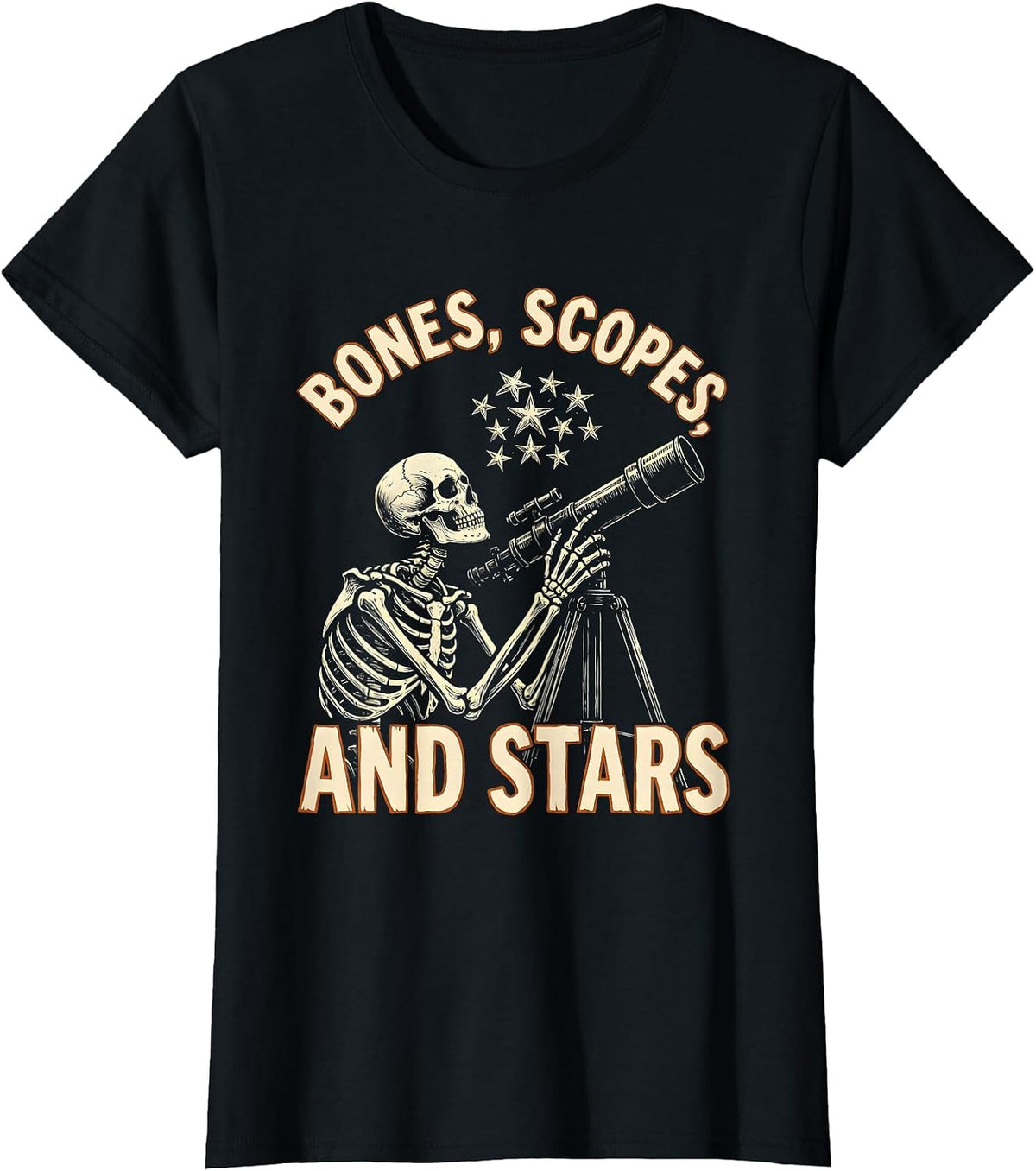 Women's Halloween Skeleton Astronomer Bones Scopes and Stars T-Shirt - Black