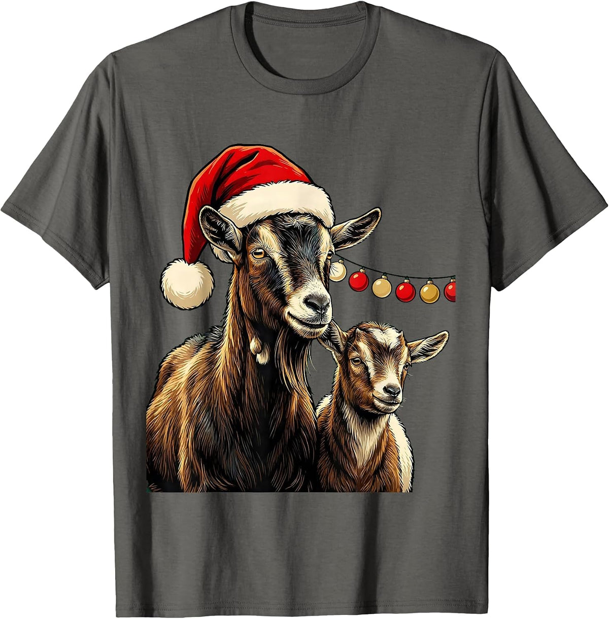 Goat Santa Hat Farm Animal Christmas Lights Novelty T-Shirt - Asphalt Grey