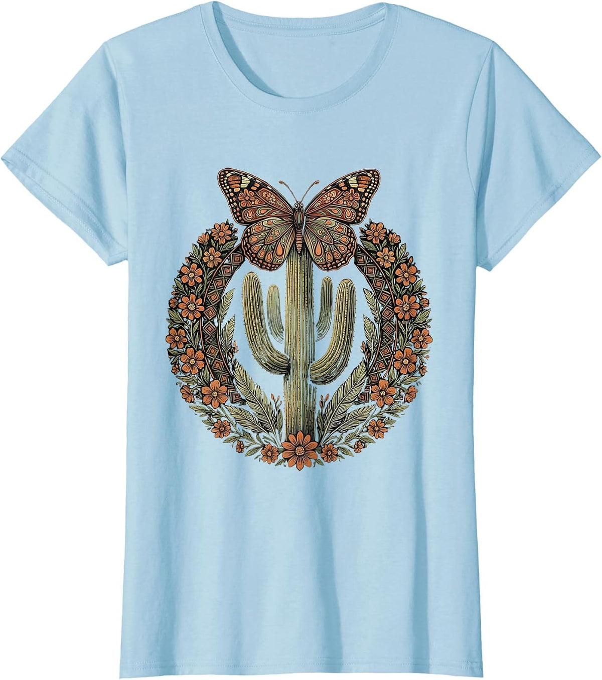 Women's Butterfly on Cactus Spine Western Desert Art T-Shirt - Baby Blue