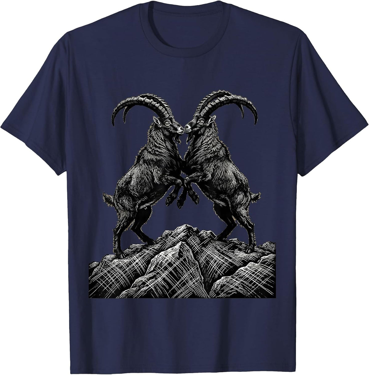 Men's Two Goats Locking Horns on a Hilltop Graphic T-Shirt - Navy Blue