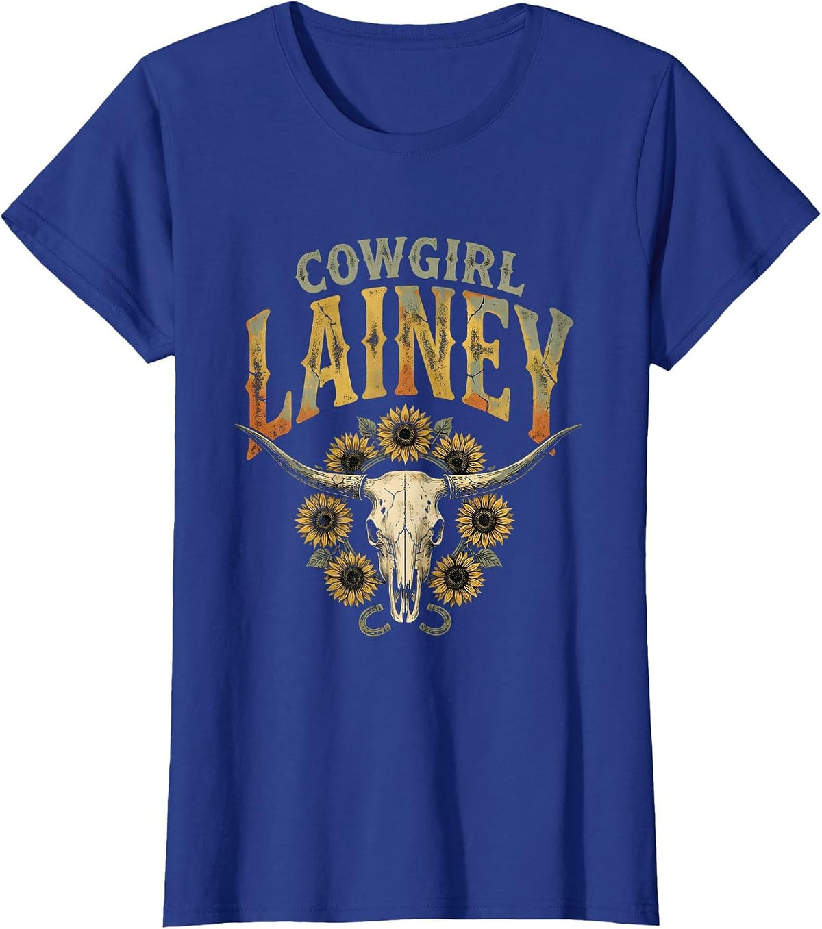 Women's Cowgirl Lainey Boho Folk Floral Western Cowgirl Personalized T-Shirt - Royal Blue