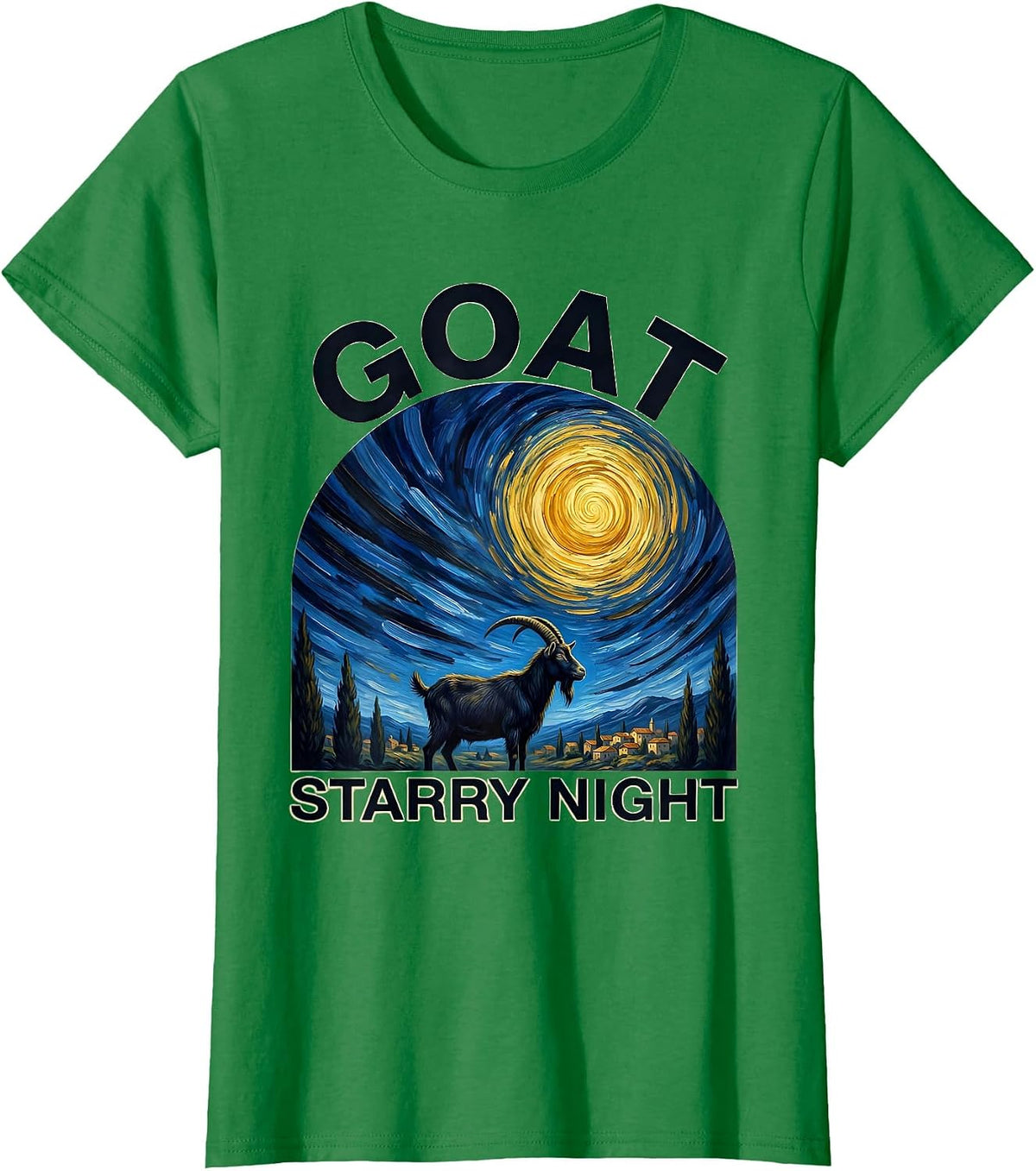 Women's Goat Starry Night Funny Art Lover Van Gogh Style T-Shirt - Kelly Green